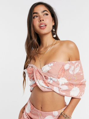 Asos Edition Twist Front Off Shoulder Top In Linen Floral Print