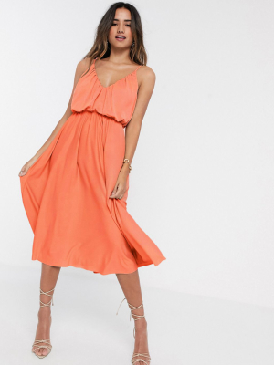 Asos Design Cami Plunge Midi Dress With Blouson Top In Coral