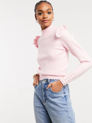 River Island Pearl And Ruffle Sweater In Light Pink