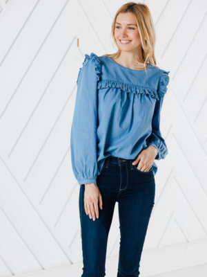 Chambray Ruffle Front Top