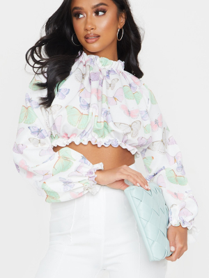 Petite White Butterfly Print Long Sleeve Ruffle...