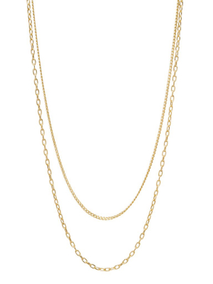 14k Extra Small Curb Chain & Square Oval Link Layered Necklace