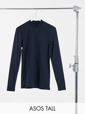 Asos Design Tall Organic Long Sleeve Muscle Fit Polo In Navy