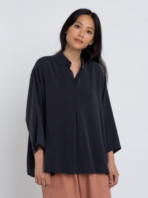 Sand Wave Mid Sleeve Pleat Shirt - Dark Blue