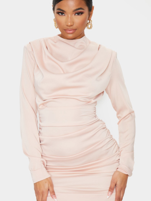 Nude Ruched Detail Long Sleeve Bodycon Dress