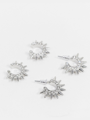 Asos Design Pack Of 2 Hoops And Ear Cuffs In Crystal Spike Design In Silver Tone
