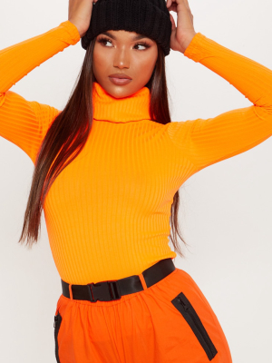 Neon Orange Rib Roll Neck Long Sleeve Top