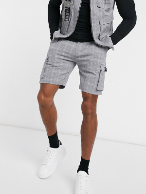 Mauvais Co-ord Utility Cargo Shorts With Logo Belt In Gray Check