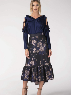 Navy Floral Frill High Low Empire Waist Skirt