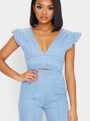 Petite Light Wash Flared Sleeve Denim Crop Top