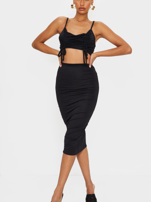 Black Slinky Double Ruched Bust Cut Out Midi Dress