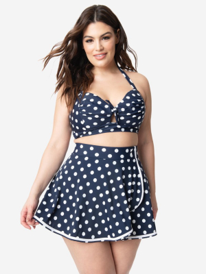 Unique Vintage Plus Size 1950s Mrs. West Navy Blue & White Polka Dot Halter Swim Top