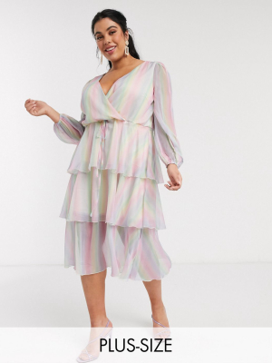 Outrageous Fortune Plus Plunge Front Tiered Midi Dress In Pastel Rainbow Stripe