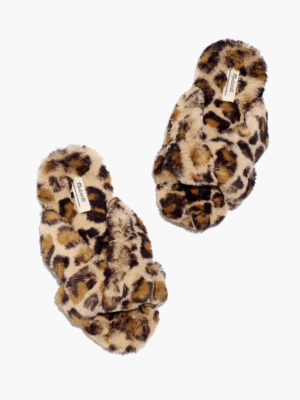 Crisscross Scuff Slippers In Leopard Recycled Faux Fur