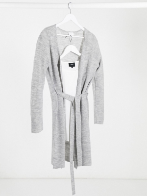 Vila Cardigan With Waist Tie In Gray