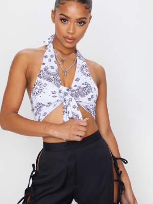 White Bandana Print Halterneck Crop Top