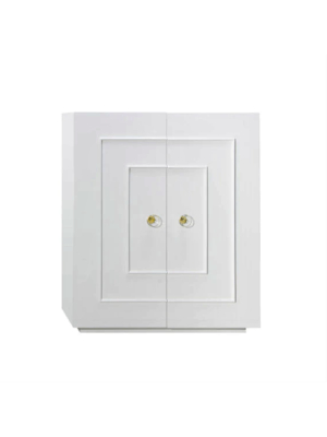 Two Door Matte White Lacquer Cabinet With Crystal & Brass Knobs