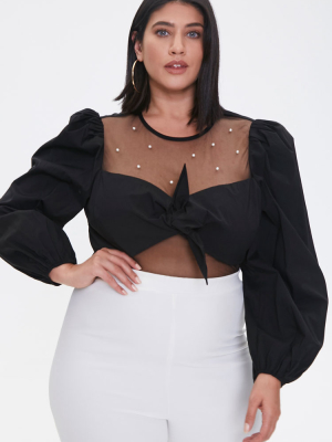 Plus Size Faux Pearl Knotted Crop Top