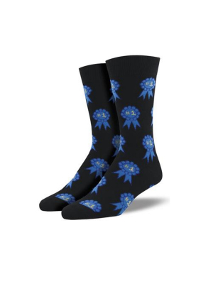 Novelty Socks 10.0" Number One Fan Black Cotton Crew Blue Ribbon Socksmith - Socks