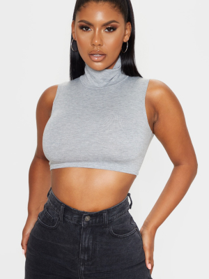 Basic Grey Jersey Roll Neck Sleeveless Crop Top