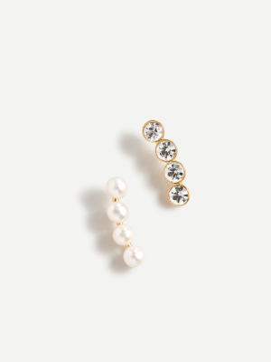 Mismatched Pearl And Crystal Climber Earrings