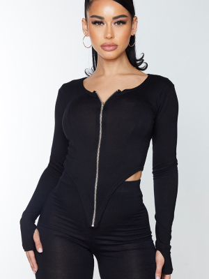 Shape Black Jersey Zip Front Long Sleeve Crop Top