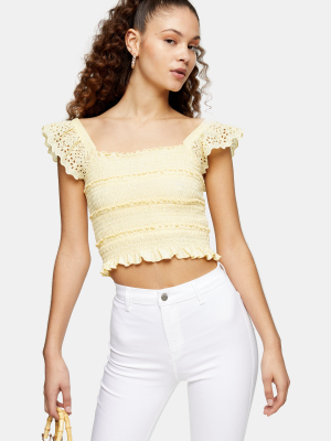 Yellow Shirred Frill Sleeve Top