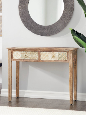 Natural Wood Desk With Carved Drawers Brown - Olivia & May