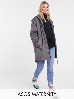 Asos Design Maternity Faux Fur Lined Raincoat In Gray