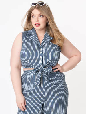 Unique Vintage Plus Size Dark Blue & White Stripe Marsha Crop Top