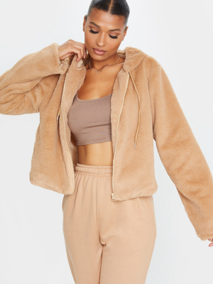 Taupe Faux Fur Cropped Hooded Jacket