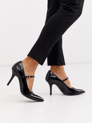 Asos Design Strallen Mary-jane Mid Heels In Black Patent