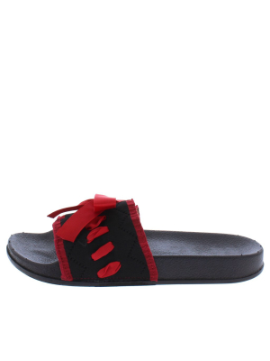 Della052 Black Stitch Tied Open Toe Mule Slide Sandal