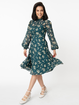 Unique Vintage Teal & White Floral Leota Swing Dress