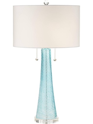 Possini Euro Design Modern Table Lamp Light Aqua Blue Textured Glass White Drum Shade For Living Room Family Bedroom Bedside