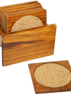 Home Basics Pine Wood Square Coasters With Absorbent Cork Insert, (set Of 6), And Holder