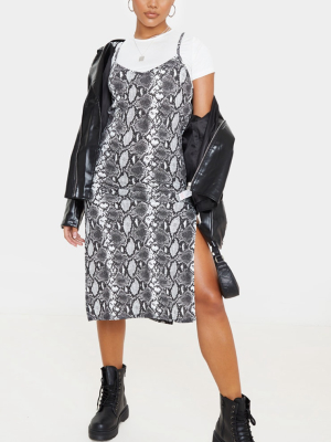 Monochrome Snake Print Split Jersey Midi Dress