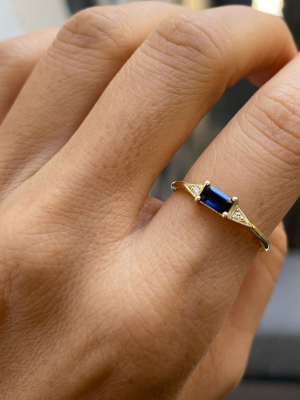 Emerald Cut Blue Sapphire Deco Ring