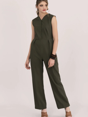 Khaki Sleeveless V-neck Jumpsuit