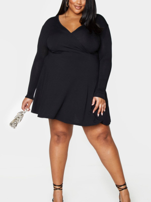 Plus Black Jersey Wrap Long Sleeve Skater Dress