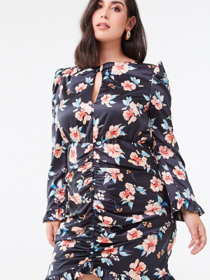 Plus Size Ruched Cutout Floral Dress