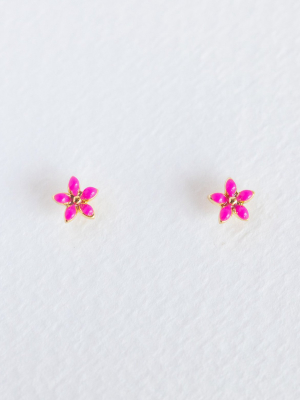 Hot Pink Enamel Flower Studs: Gold