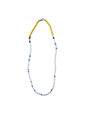 African Seed Bead Necklace Yellow, White, Blue & Black