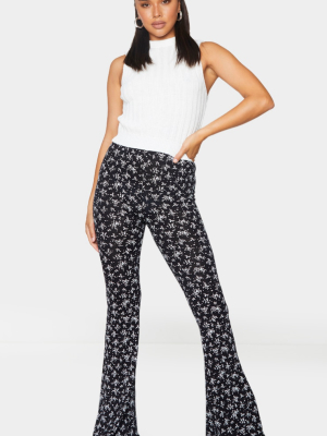 Black Ditsy Print Flare Leg Trousers