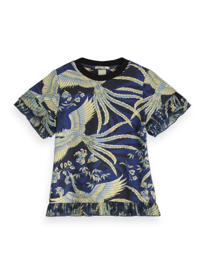 Scotch Shrunk Holiday Ruffle Trim Tee - Bird Print