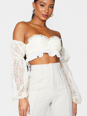 Cream Lace Detail Bardot Long Sleeve Crop Top