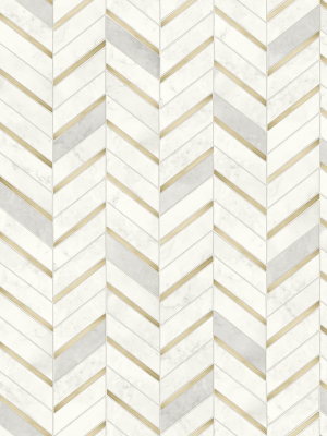 Chevron Marble Tile Peel-and-stick Wallpaper In Gold And Pearl Grey By Nextwall