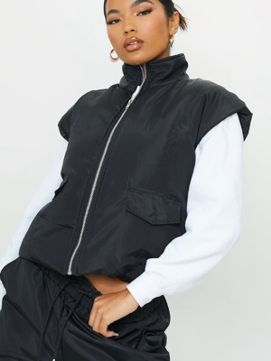 Black Shell Zip Up Square Shoulder Bomber Gilet