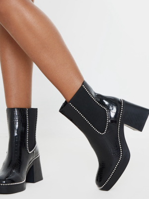 Black Square Toe Chunky Block Heel Chelsea Boot