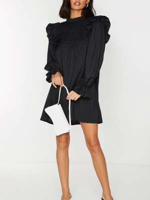 Black Ruffle Binding Detail Shirt Dress